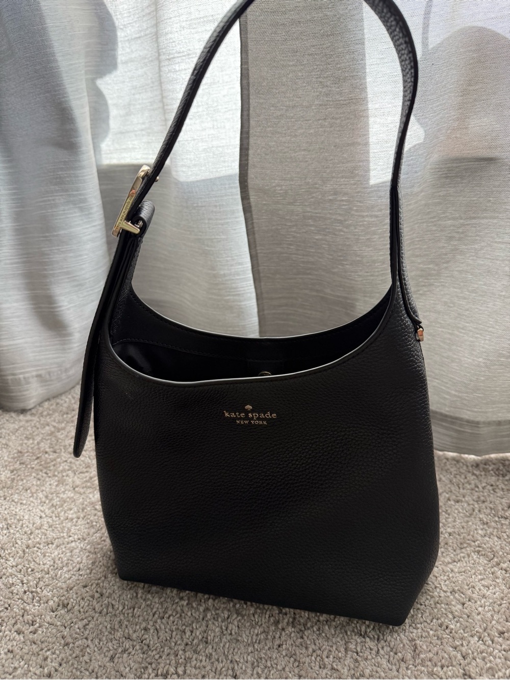 kate spade Black Pebbled Leather Hobo Shoulder Bag with Gold Logo